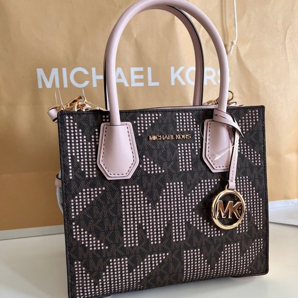 MICHAEL KORS Mercer Medium Pebbled Leather Crossbody Bag Brown/Pink Perforated - Picture 5 of 16